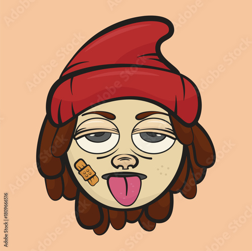 illustration of a man wearing a beanie while sticking out his tongue, a man's bored face