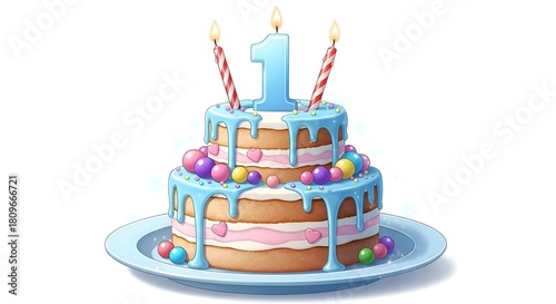 First Birthday Cake Celebration with Number One Candle.