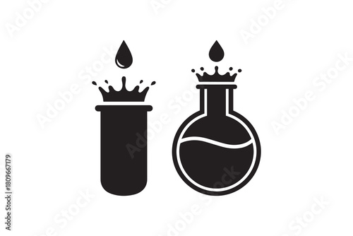 Chemical test tube and flask silhouette Laboratory glassware with splashing liquid drops