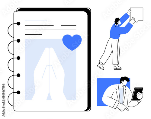 Prayer symbol. Image shows a notebook page with a prayer icon and heart, faith. Additional elements feature a man handling an object, and a user viewing digital content. For religion, gratitude
