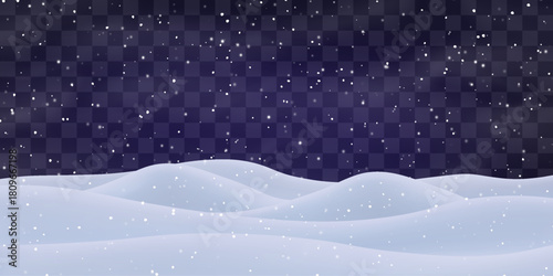 Night snow falling on snowdrifts, snowflakes and blizzard. Snow landscape decoration, frozen hills isolated on png. Vector heavy snowfall with snowbanks field. Christmas vector illustration.