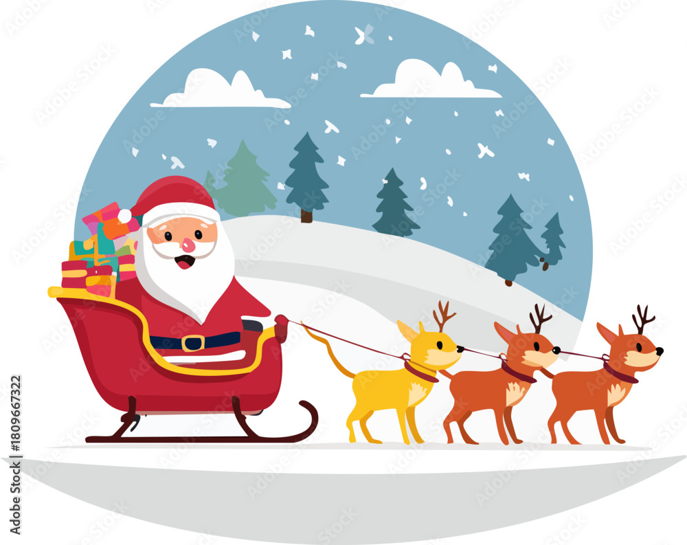 Fototapeta premium Humorous Flat Vector Santa Claus in Sleigh with Colorful Gifts