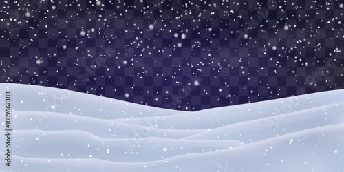 Night snow falling on snowdrifts, snowflakes and blizzard. Snow landscape decoration, frozen hills isolated on png. Vector heavy snowfall with snowbanks field. Christmas vector illustration.
