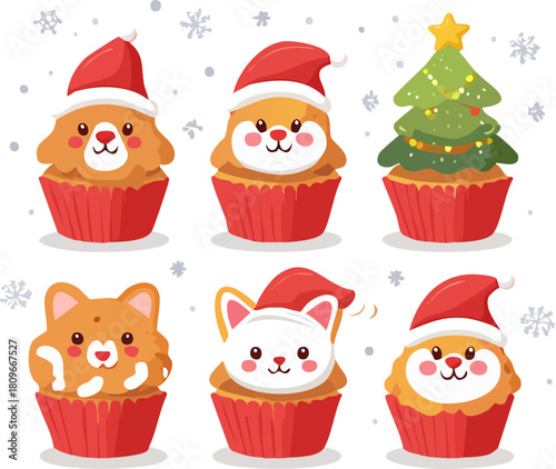 Adorable Shiba Inu Cupcake with Winter Snowflakes Vector