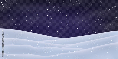 Night snow falling on snowdrifts, snowflakes and blizzard. Snow landscape decoration, frozen hills isolated on png. Vector heavy snowfall with snowbanks field. Christmas vector illustration.