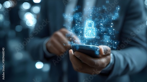 Wallpaper Mural Businessperson securing smartphone data with a digital lock and virtual cybersecurity interface. Concept : cybersecurity, data privacy, secure smartphone usage, digital lock protection, network securi Torontodigital.ca