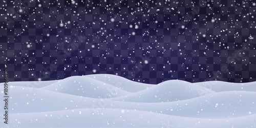 Night snow falling on snowdrifts, snowflakes and blizzard. Snow landscape decoration, frozen hills isolated on png. Vector heavy snowfall with snowbanks field. Christmas vector illustration.