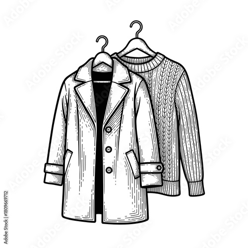 Knitted sweater and wool coat hanging on display for winter clothing  
