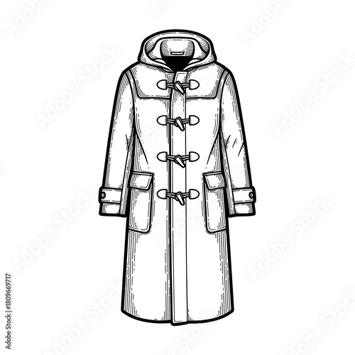Long woolen coat with toggle fastening in winter clothing design  