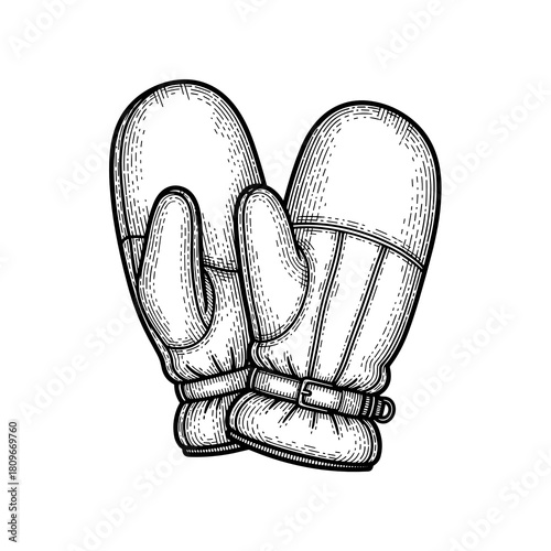 Warm leather mittens with knit cuffs in black and white illustration  
