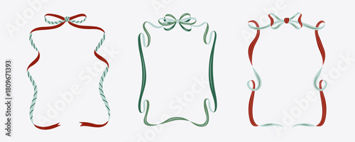 Set of ribbon frames with bows in trendy coquette style. Vector illustration template and frame elements. Christmas decoration concept
