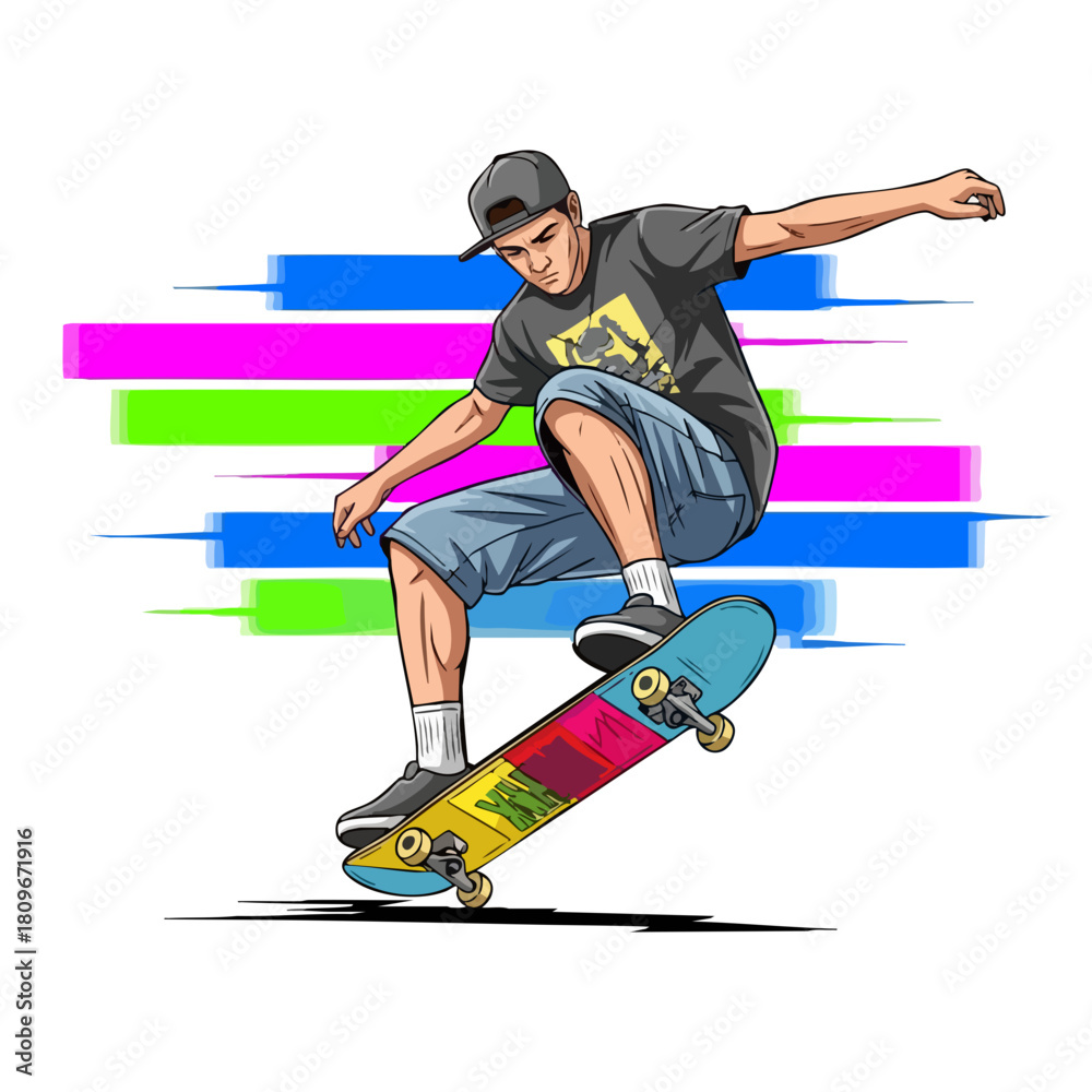 Fototapeta premium Skateboarder MidAir Performing Trick with Colorful Background.