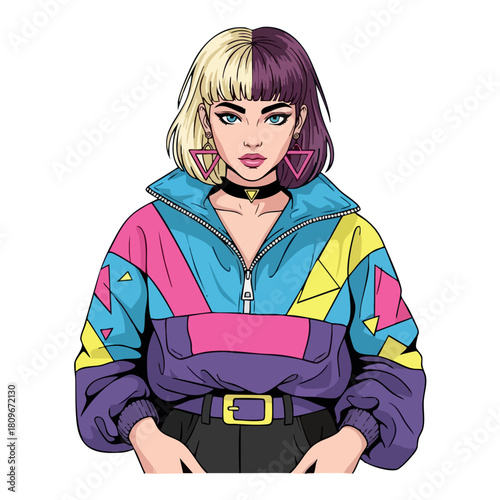 Stylish Woman with TwoTone Hair and Retro Jacket Illustration.