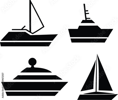 Yacht icon set silhouette style minimal vector art illustration on a white background.
