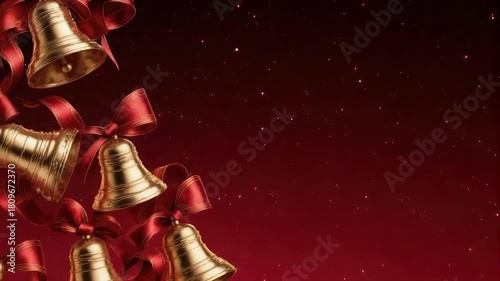 Golden bells and red ribbons adorn a festive, starry, red gradient background