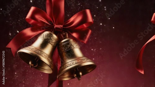 Golden bells hang with a red ribbon against a starry, burgundy background