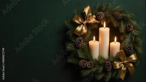 Festive Christmas wreath with lit candles and gold ribbon on a textured green background