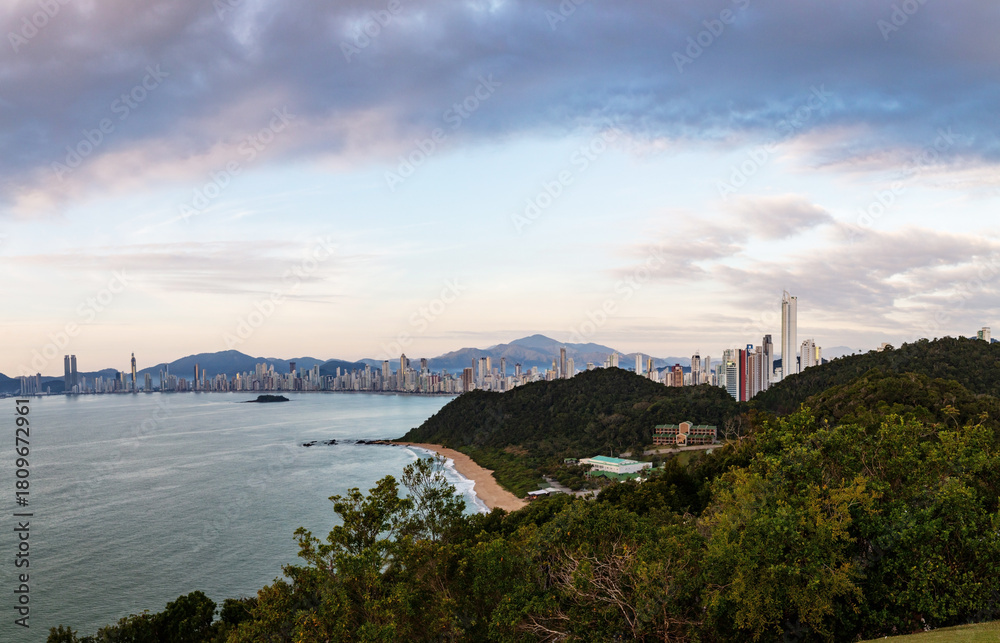 Naklejka premium Aerial view of the coast of the tourist city of Balneario Camboriu, Santa Catarina, Brazil.