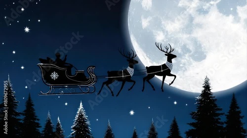 A silhouette of a sleigh pulled by reindeer flies across a night sky with a full moon