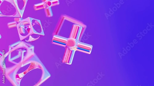 Abstract 3d Metallic Holographic iridescent geometric shapes rotating animation loop. Modern minimalistic liquid gradient color flow background.