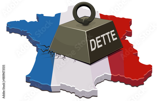 France map (flag colors) being crushed by a heavy weight labeled in french "DETTE" (DEBT). Concept for financial crisis or government debt burden in Europe. (cut out)