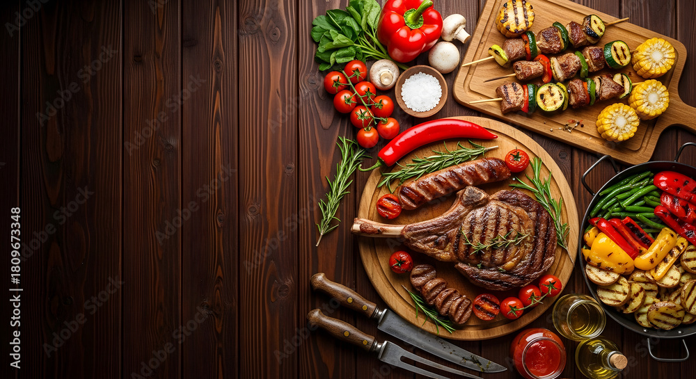 Fototapeta premium Grilled Meat Dishes with Vegetables on Wooden Table Top View