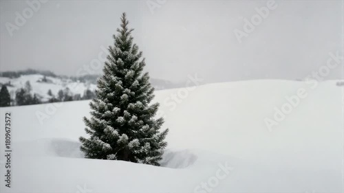 A lone evergreen tree stands in deep snow, with a snowy backdrop under a grey sky