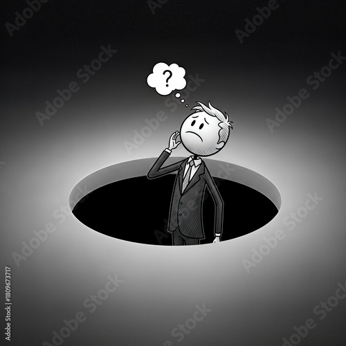 Cartoon businessman in a hole with a question mark.