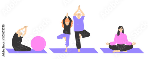 People of different ages from child to elderly practising yoga for wellness and healthy lifestyle