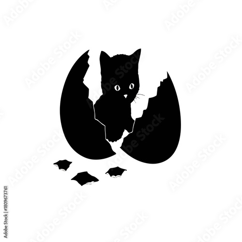 Black kitten emerging from a broken eggshell symbolizing new beginnings and unexpected life.