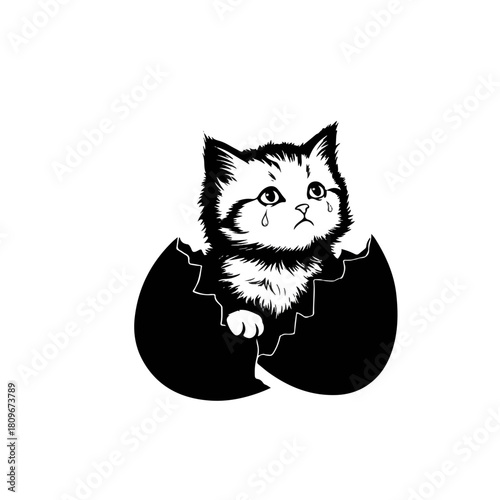Cute Crying Kitten Hatching from Egg Black and White Illustration.