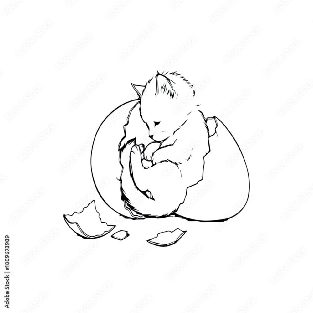 Obraz premium Newborn kitten emerging from a cracked eggshell symbolizing new beginnings and unexpected life.