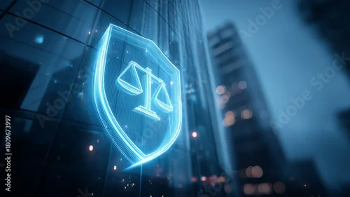 Obraz A glowing digital justice shield with scales of law over a glass building represents modern legal protection, digital rights and corporate governance.
