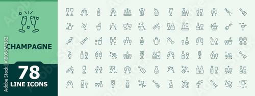 Set of Champagne line icon. Includes symbols for vodka, beer, martini, drink and more. Modern vector illustration. Alcohol linear icon set. Vector collections.