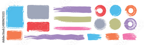 Set of colorful text boxes and circle Paintbrush collection. Grunge design elements. Set of brush strokes.  paint brush stroke, ink splash and grungy decoration elements.
