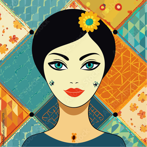 vibrant patchwork portrait with floral cheeks ladybug pendant and artisan textile backdrop for boutique brands