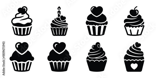 valentine cupcake Valentine's Day icon set silhouette style and isolated on white background Vector illustration