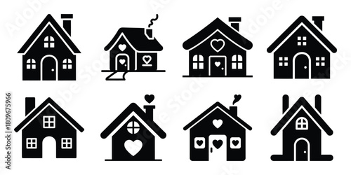 valentine cottage Valentine's Day icon set silhouette style and isolated on white background Vector illustration