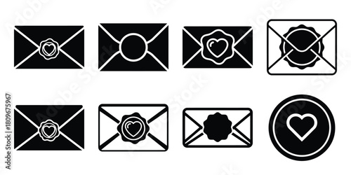 valentine envelope seal Valentine's Day icon set silhouette style and isolated on white background Vector illustration