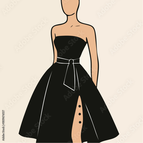 sleek black strapless evening dress with belt and buttoned thigh slit for couture