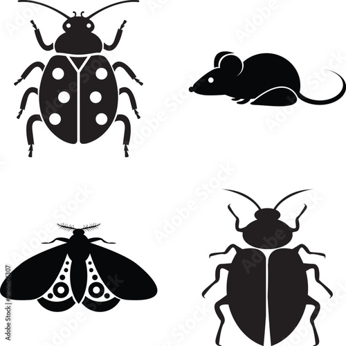 Stylish insect and mouse silhouette vector set featuring beetles, moth, cockroach and rodent icons. Perfect for logo, infographic, education, pest control, and design projects.