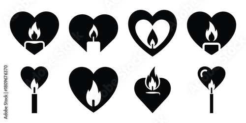 candle flame heart Valentine's Day icon set silhouette style and isolated on white background Vector illustration
