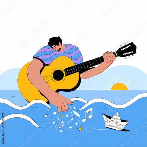 sea-strummed sunset serenade with oversized hands musical notes and paper-boat score