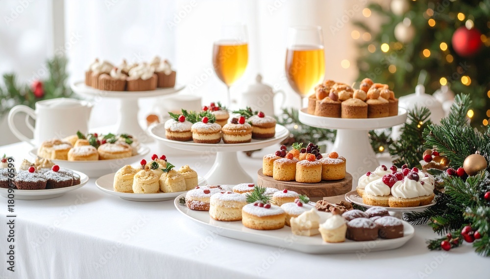 Naklejka premium クリスマススイーツが並ぶ華やかなホリデーデザートテーブル構図 | Festive Holiday Dessert Table with Christmas Pastries, Cupcakes, and Elegant Seasonal Decorations