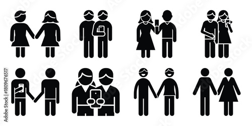 couple phone Valentine's Day icon set silhouette style and isolated on white background Vector illustration