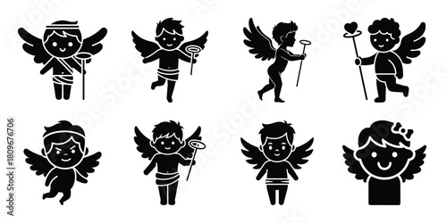 cute cupid Valentine's Day icon set silhouette style and isolated on white background Vector illustration