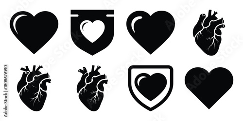 heart badge Valentine's Day icon set silhouette style and isolated on white background Vector illustration