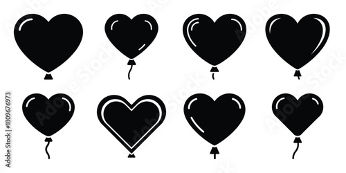 heart balloon Valentine's Day icon set silhouette style and isolated on white background Vector illustration