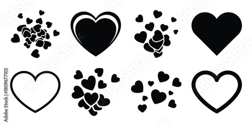 heart confetti Valentine's Day icon set silhouette style and isolated on white background Vector illustration