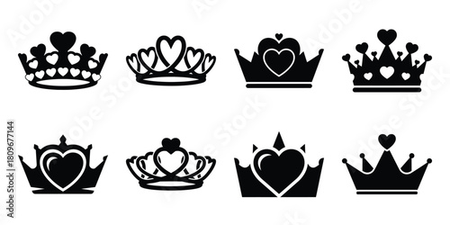 heart crown Valentine's Day icon set silhouette style and isolated on white background Vector illustration